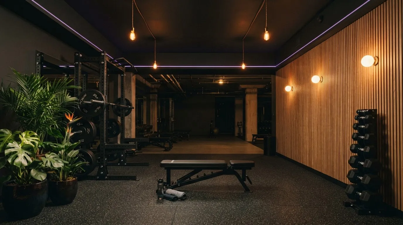 Innovative Fitness training floor at night with a power rack, plants, oak slat wall and warm lighting