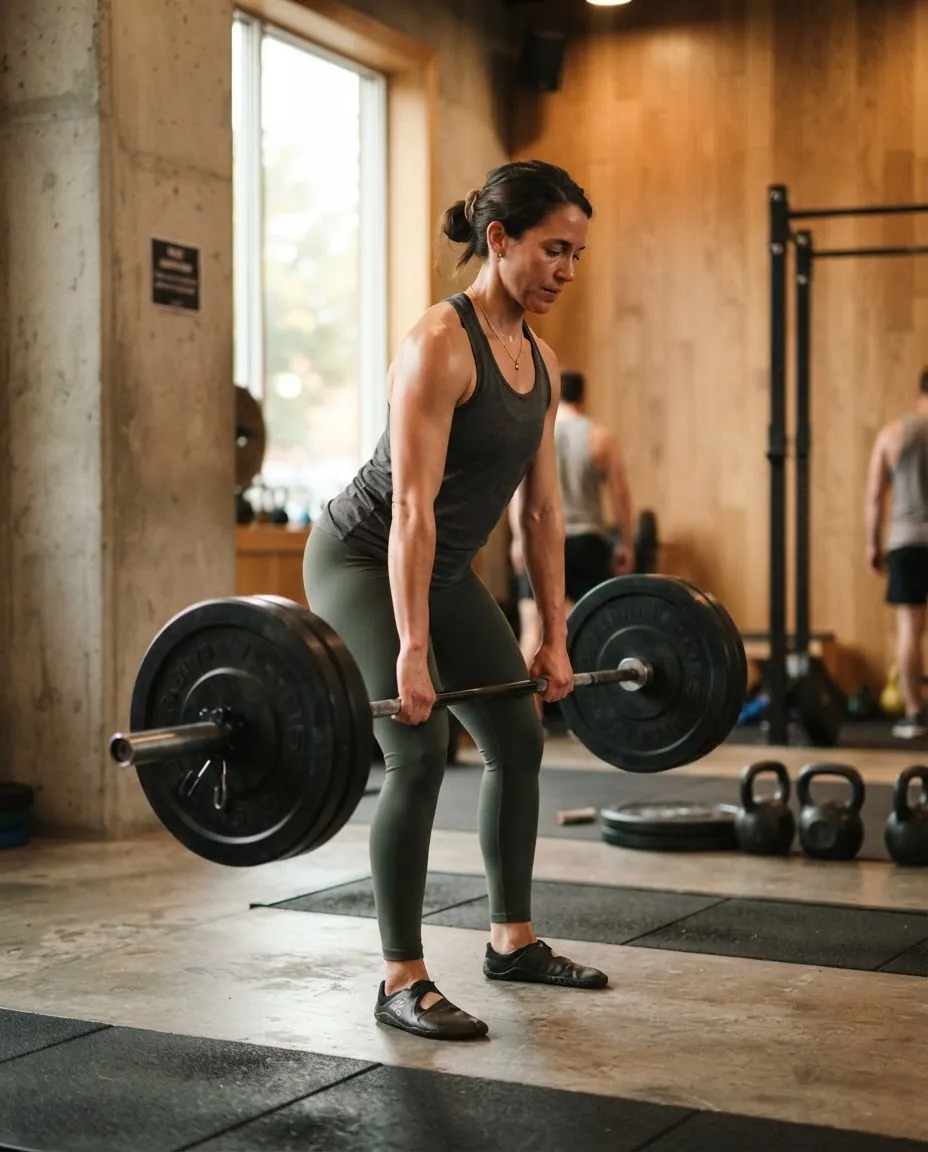 Member performing a barbell deadlift beside a concrete and oak wall