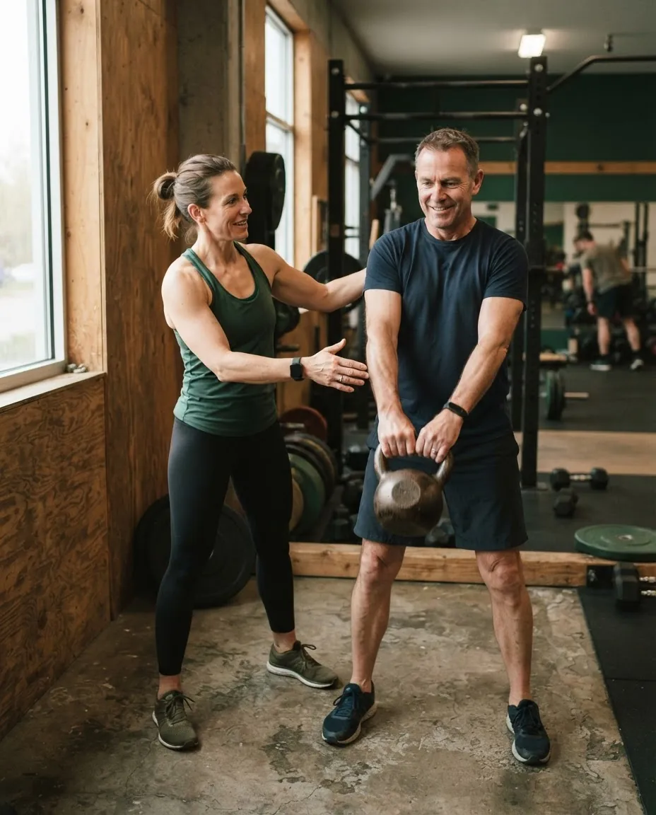 Coach guiding a member through a kettlebell movement