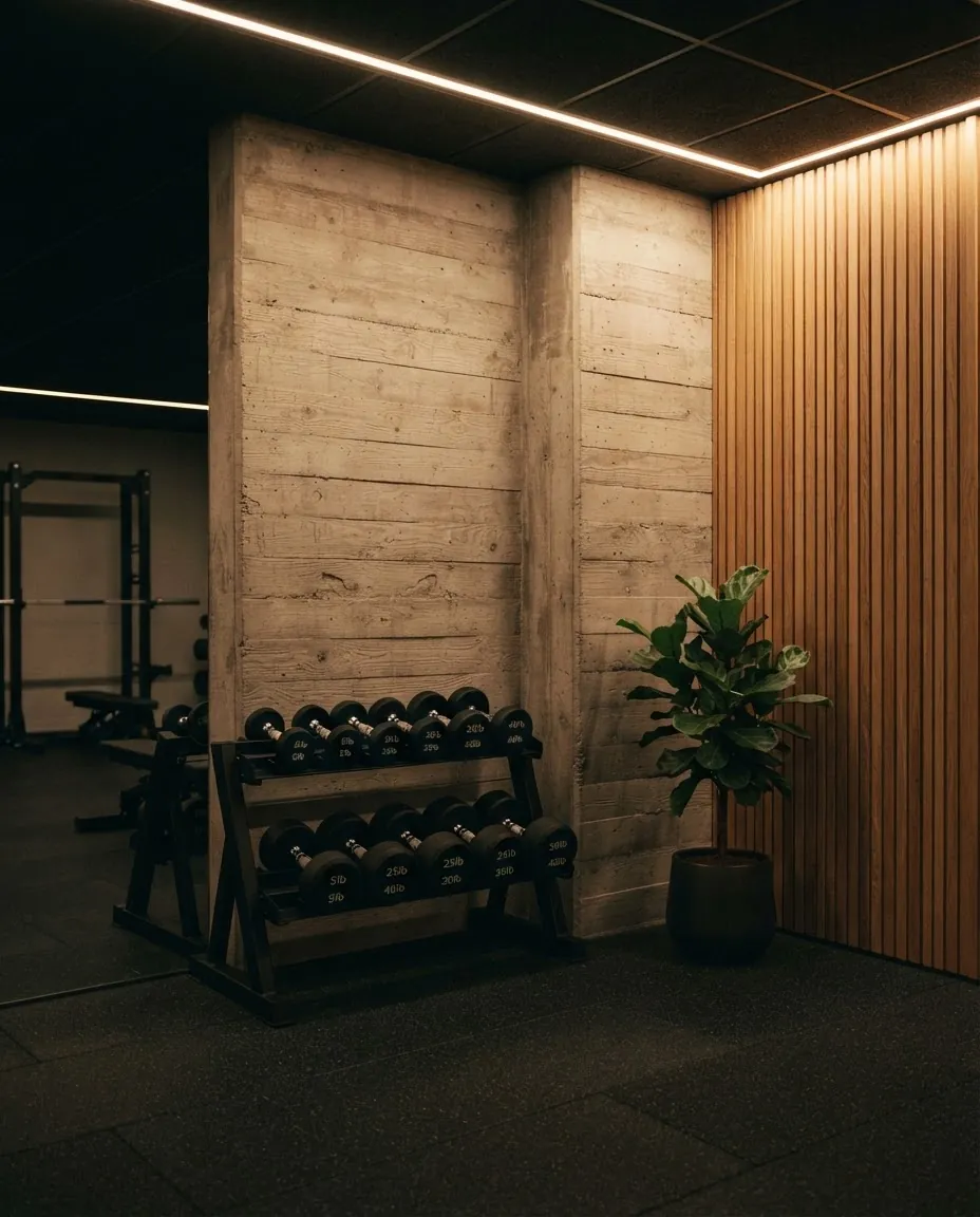 Quiet gym corner at night with dumbbells, oak slats and warm lighting