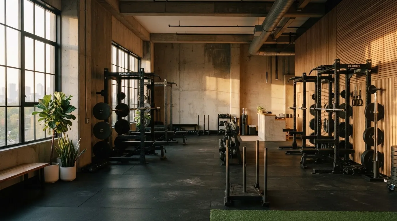 Wide view of the training floor with windows, power racks and oak slat wall